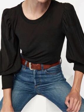 Nation LTD Loren Tee Pima Cotton Puff Sleeve Smocked Cuff Top Charcoal Large